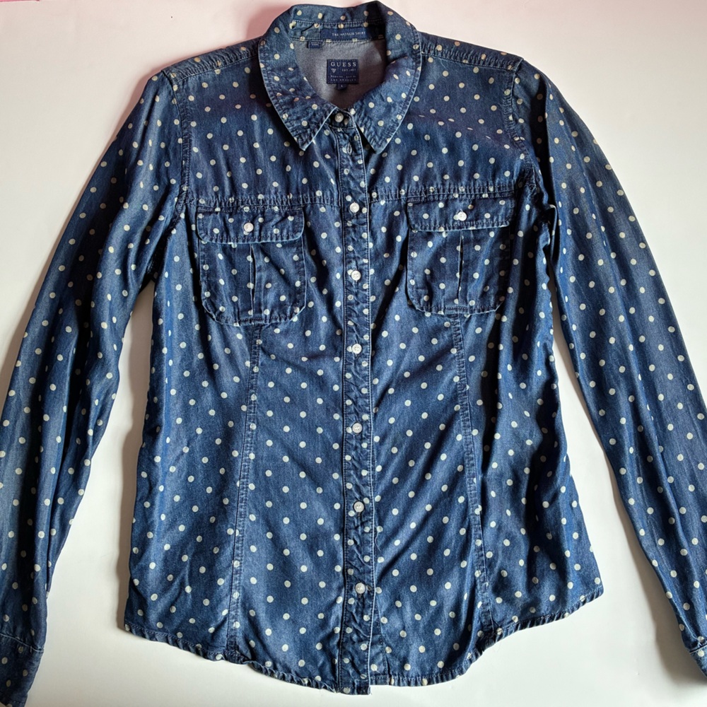 GUESS Blue Polka Dot Denim Button-Down Fitted Shirt - Size L